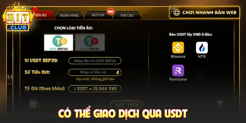Có thể giao dịch qua USDT
