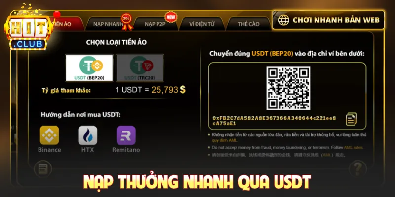 Nạp thưởng nhanh qua USDT