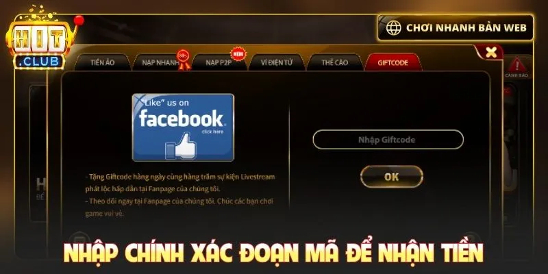 Nhập chính xác đoạn mã để nhận tiền